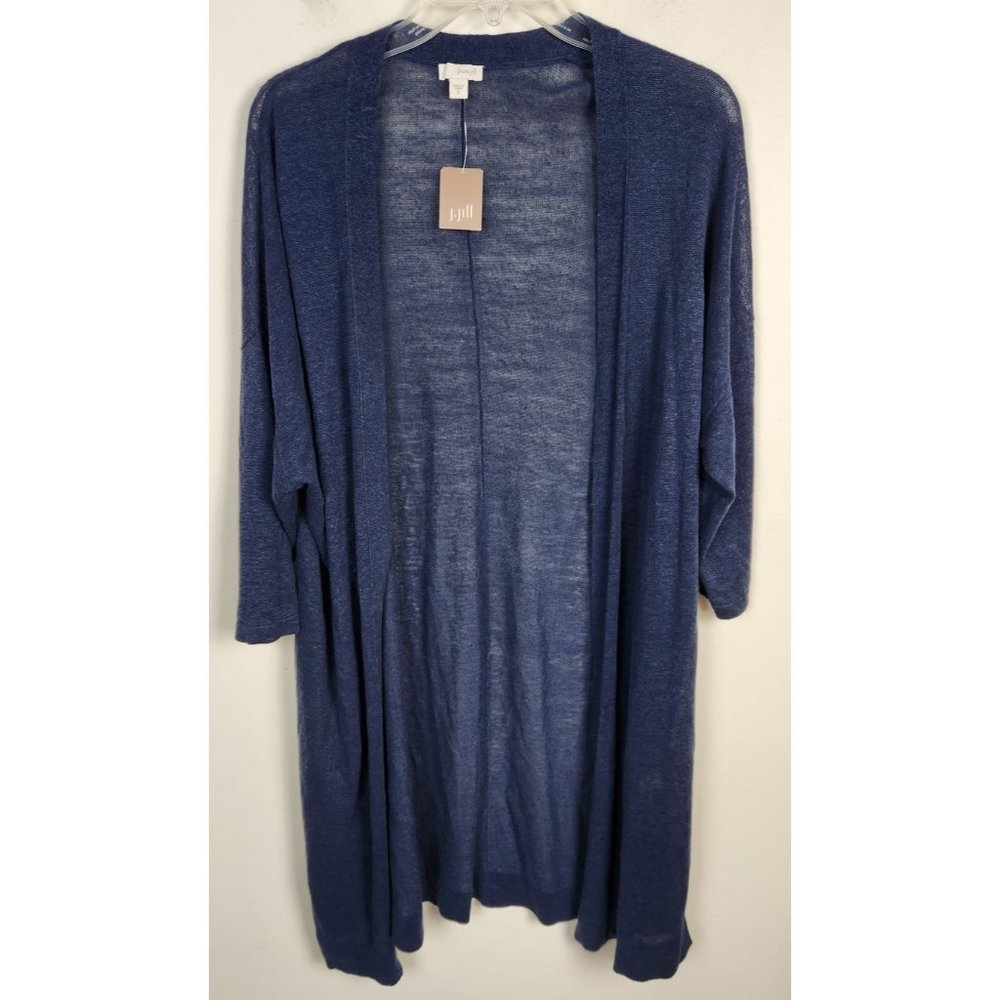 Pure Jill Women's Sz. M Navy Blue Linen Blend Long Line Open Front Cardigan NWT